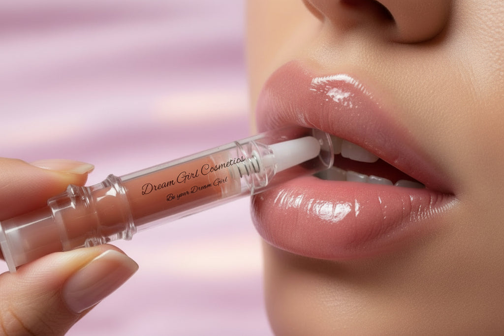 Lip gloss container with 'Dream Girl Cosmetics' branding on a pink fabric background